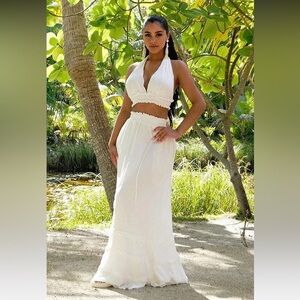 2 Piece Halter Neck Tie Crop Top and Maxi Skirt Summer Set